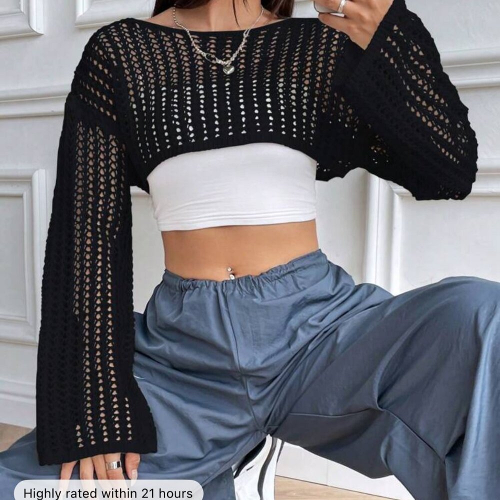 ❤️ Black Open Knit Long Sleeve Crop Sweater Top
